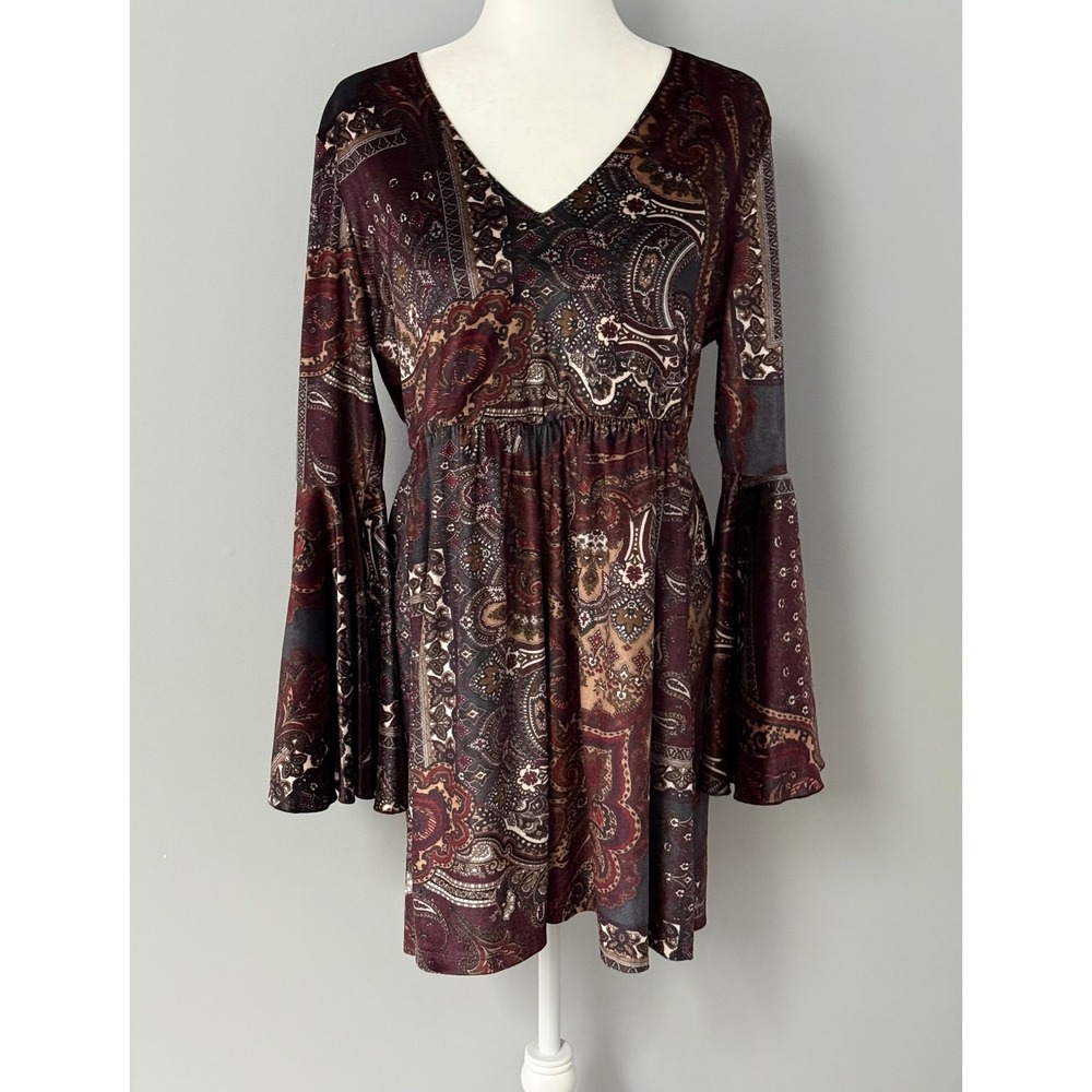 Boston Proper Paisley V-Neck Bell Sleeve Empire Waist Mini Dress Burgundy Boho L
